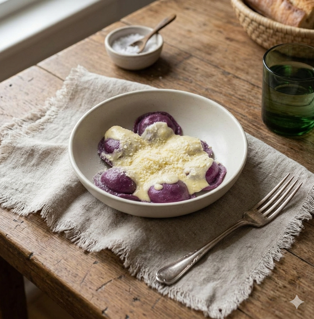 Sorrentinos de calabacín y albahaca con masa de remolacha